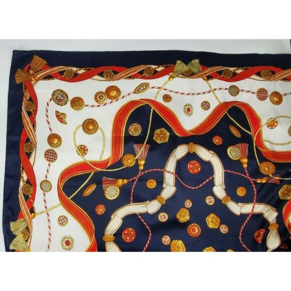 Italian Blue Framed Scarf Wrap Medallions Tassels 44" Square Vintage Polyester - Picture 7 of 11